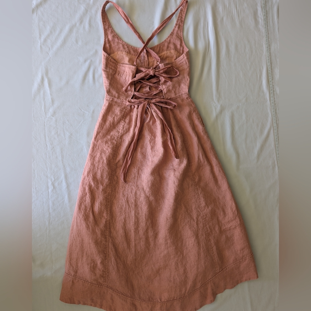 Mon Renn Linen Button Front Lace Up Back Midi Dress In Salmon Color